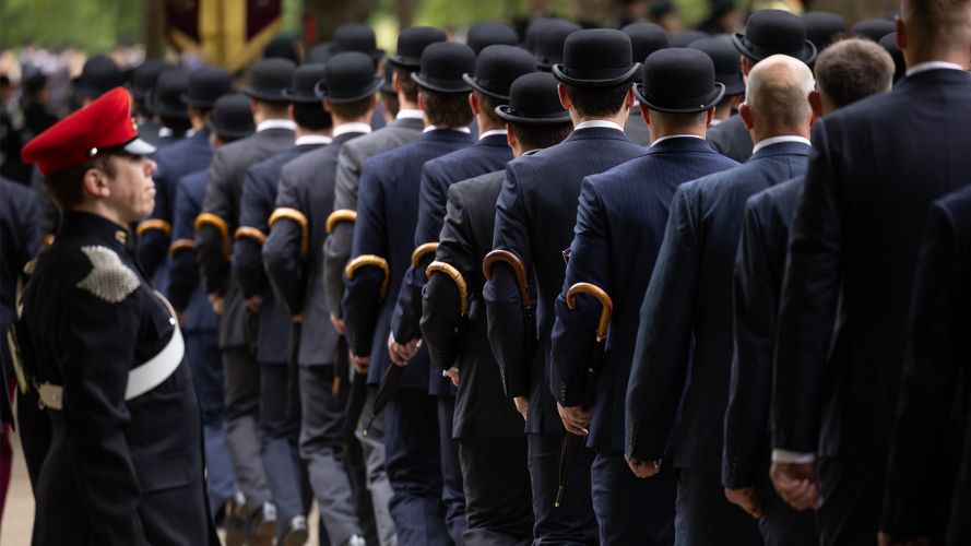 Bowler hats, dark suits and furled umbrellas were the order of the day for some serving and retired personnel attending the service – the traditional attire being a semi-official uniform for events such as Cavalry Sunday Bowler hats, dark suits and furled umbrellas were the order of the day for some serving and retired personnel attending the service - the traditional attire being a semi-official uniform for events such as Cavalry Sunday (Source: MOD)