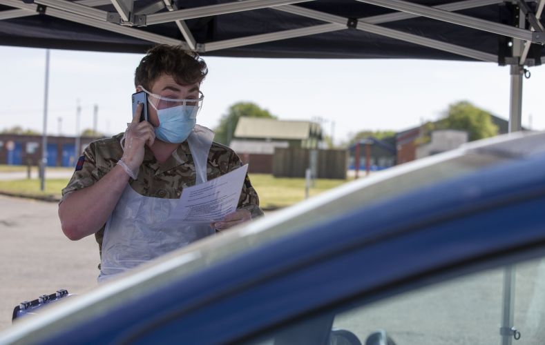 102 Logistic Brigade and 16 Signal Regiment troops train in COVID19 Coronavirus mobile testing at Army Barracks in Lincolnshire
