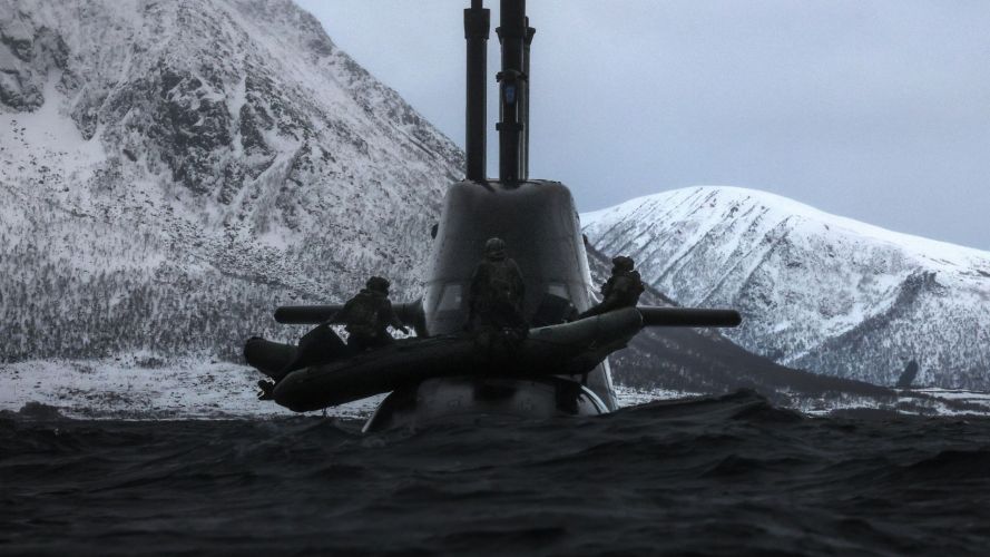 In the fjords of Norway, Commandos cling onto a German U-35 attack submarine 