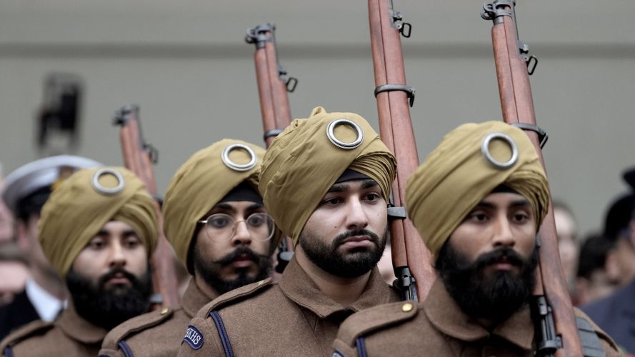 Members of the 1914 Sikhs Ceremonial Marching Troop during the Western Front Association's Armistice Day ceremony at the Cenotaph in Whitehall, central London
