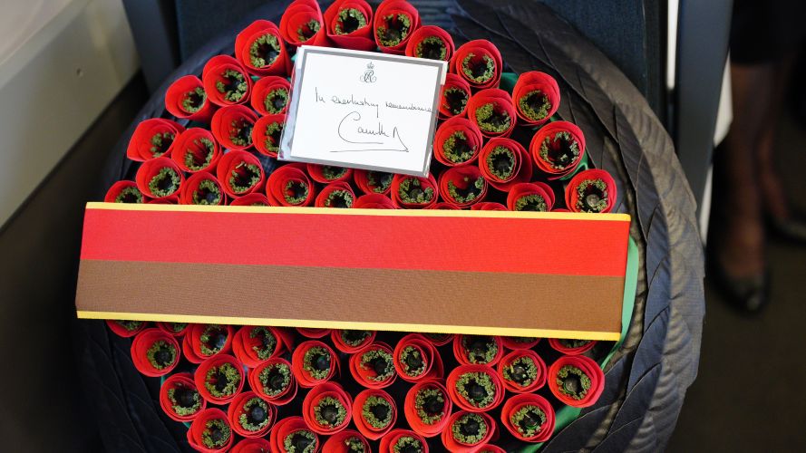 Queen Camilla's wreath travels by train from Chippenham in Wiltshire to London Paddington, as part of the Great Western Railway 'Poppies to Paddington' event to mark Armistice Day