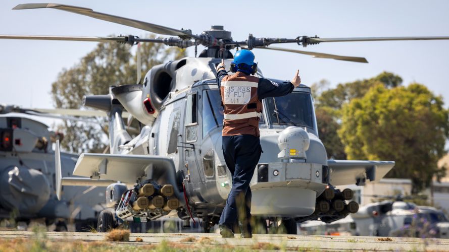 A Royal Navy Wildcat lifts off for a sortie from RAF Akrotiri where the helicopters, armed with Martlet missiles, are providing a defensive screen against drone attack