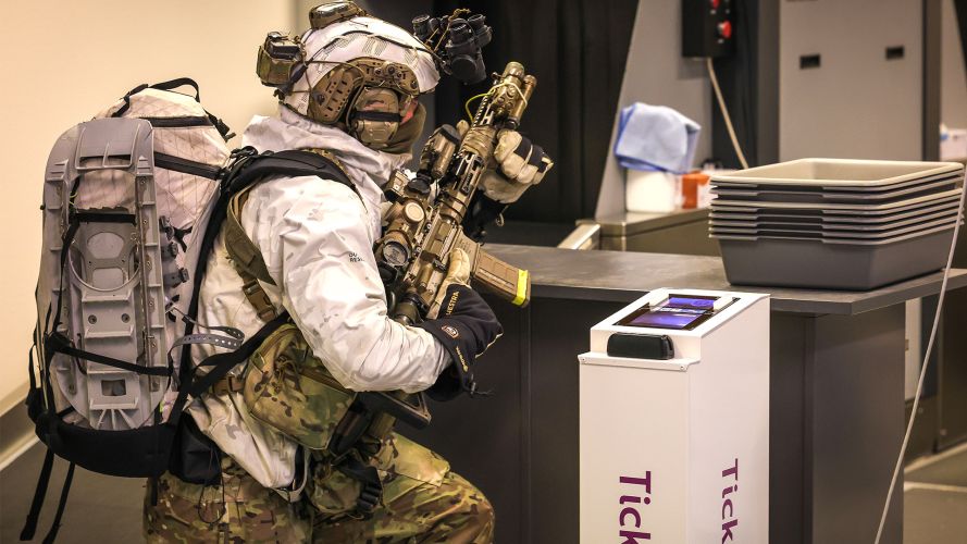 Members of 40 Commando secure the airport during an exercise in the Norwegian town of Sorkjosen with a swift sweeping attack using FIBUA and CQB tactics