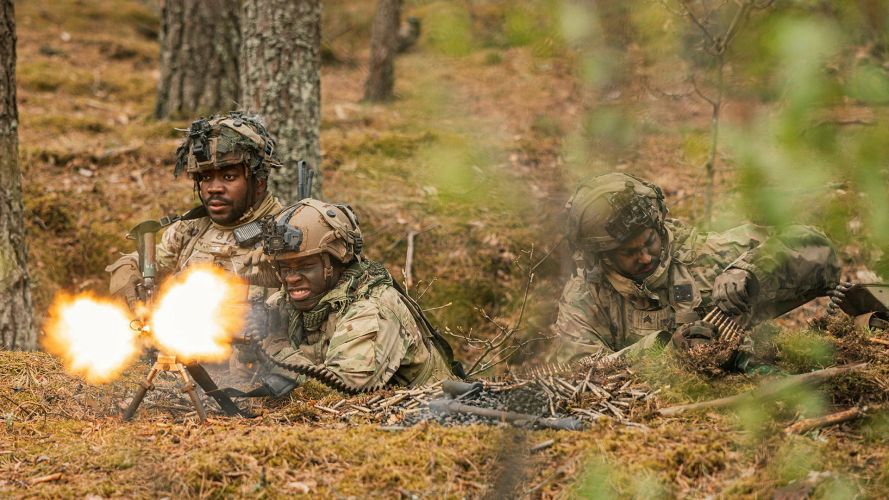 Soldiers from the US Army’s 2nd Cavalry Regiment engage the British paras as they defended their position