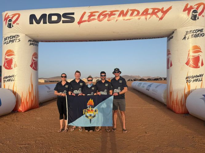 Captain Jasmine Woodford (left), Logan Vinters, Charlotte Rogerson and Majors Daniel Connolly and Greg Dove are all smiles at the start of the Ultra-marathon 