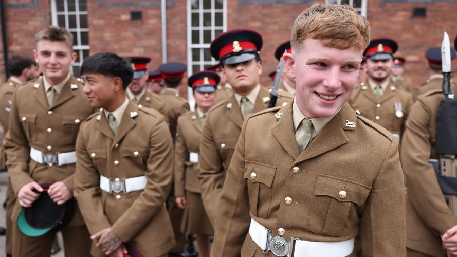 Royal Yorkshire Regiment infanteers share a joke as they prepare to form up for a parade at Imphal Barracks to mark the 20th anniversary of the creation of the regiment (Picture: BFBS) Royal Yorkshire Regiment infanteers share a joke as they prepare to form up for a parade at Imphal Barracks to mark the 20th anniversary of the creation of the regiment (Picture: BFBS)