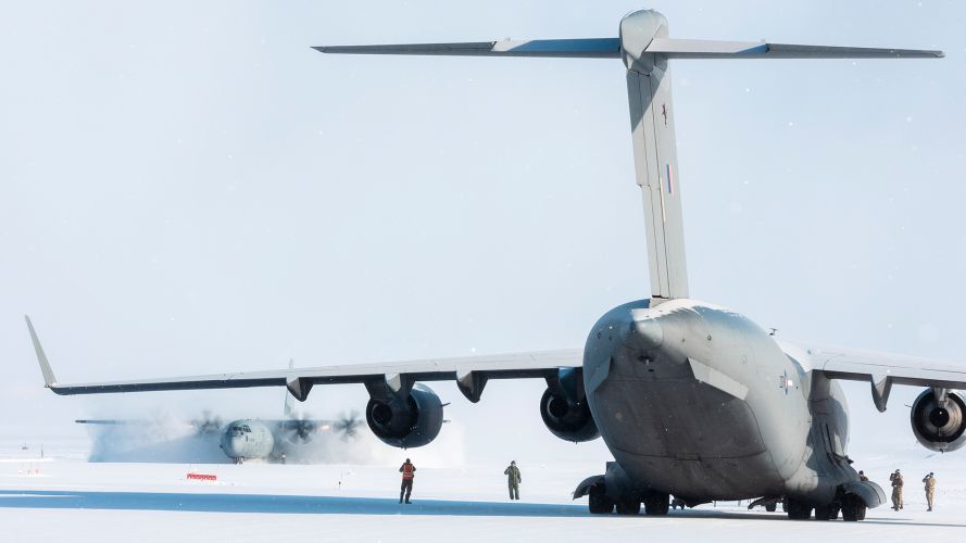 A Royal Air Force C-17 Globemaster prepares to depart from Canadian Forces Station Alert in support of Exercise Polar Puma and Operation Boxtop - Alert is one of the most remote settlements on Earth