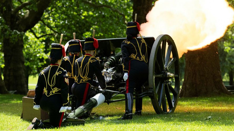 Soldiers from The King's Troop, Royal Horse Artillery fired a 41-gun salute with their historic 13-pounders for the King's Birthday Parade