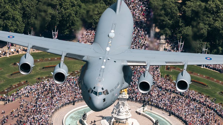 The King's Birthday Parade ended with a flypast by numerous RAF aircraft, this being the C-17 Globemaster III, which provides the service with a long-range strategic heavy-lift capability