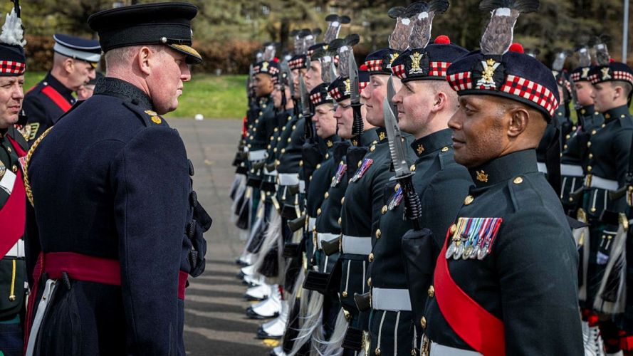 Lance Corporal Ryan McAllister from Greenock gets the once-over from the Brigade Major - every detail must be perfect before the company is declared fit for role