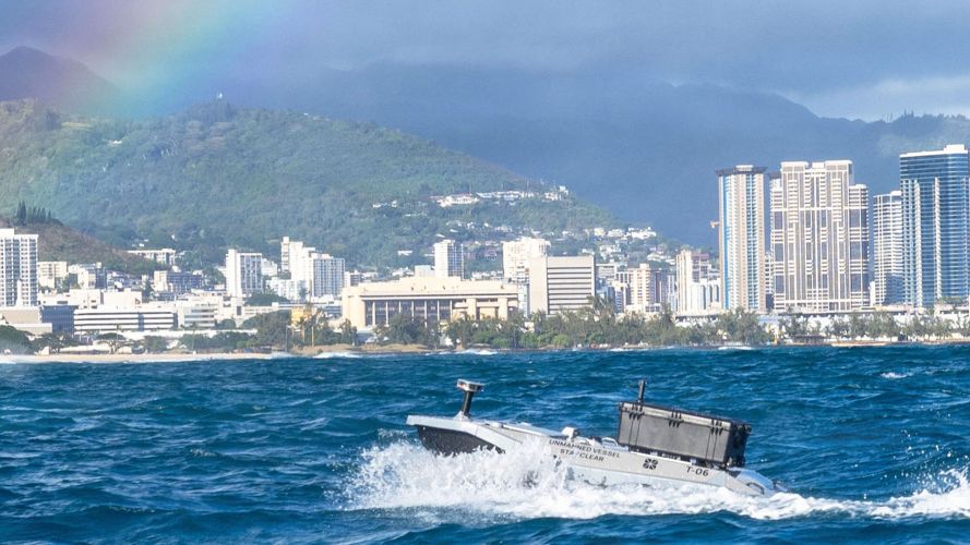 An uncrewed surface vessel returns to Sand Island near Honolulu after delivering supplies to amphibious assault ship USS Essex An uncrewed surface vessel returns to Sand Island near Honolulu after delivering supplies to amphibious assault ship USS Essex
