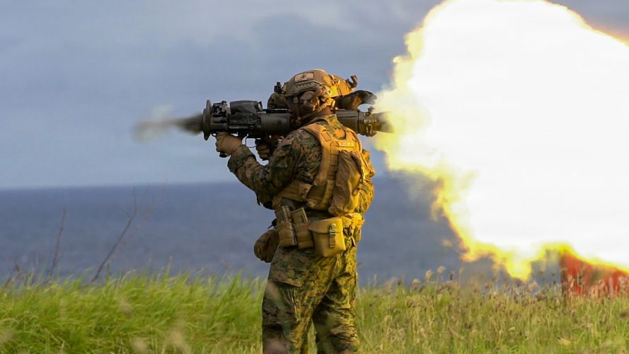 US Marine Corps Lance Corporal Kanye Roach fires an M3A1 Multi-Role Anti-Armour Anti-Personnel weapon system during a live-fire range event at Marine Corps Base Hawaii US Marine Corps Lance Corporal Kanye Roach fires an M3A1 Multi-Role Anti-Armoor Anti-Personnel weapon system during a live-fire range event at Marine Corps Base Hawaii