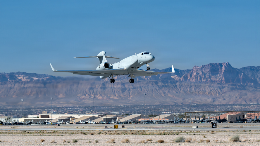 U.S. Air Force EC-37B Compass Call assigned to the 55th Electronic Combat Group, Davis Monthan Air Force Base, Arizona, takes off on Exercise Red Flag