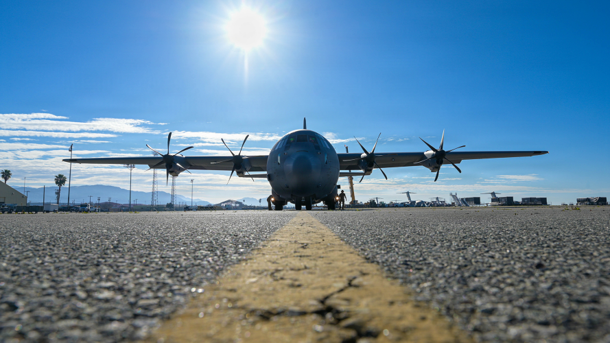 A US Air Force C-130 Hercules arrives during Bamboo Eagle, at March Air Reserve Base, California