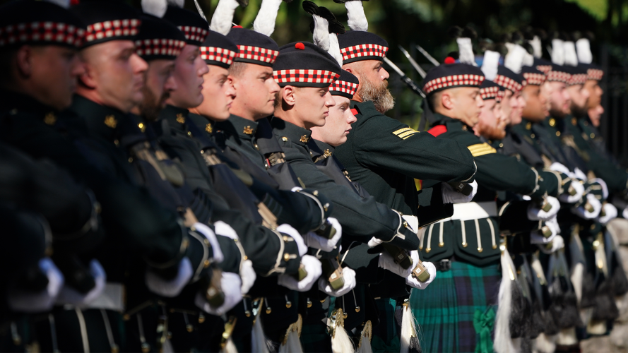  Members of Balaklava Company, 5th Battalion, The Royal Regiment of Scotland, at the gates of Balmoral, before King Charles III carries out an inspection as he takes up summer residence at the castle 