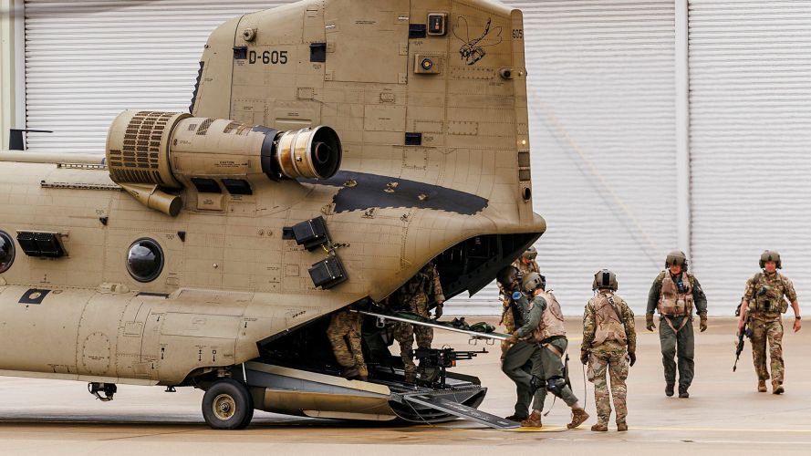 Royal Netherlands Air Force personnel from 298 Squadron board a Dutch Chinook at RAF Odiham, where Chinooks from both forces carried out medical training on Exercise Medic Falcon Royal Netherlands Air Force personnel from 298 Squadron board a Dutch Chinook at RAF Odiham, where Chinooks from both forces carried out medical training on Exercise Medic Falcon