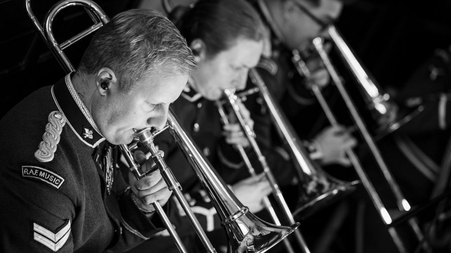 Trombonists from the Central Band of the Royal Air Force play at St Clement Danes, the Central Church of the RAF, to commemorate the founding in 1918 of the world's oldest air force