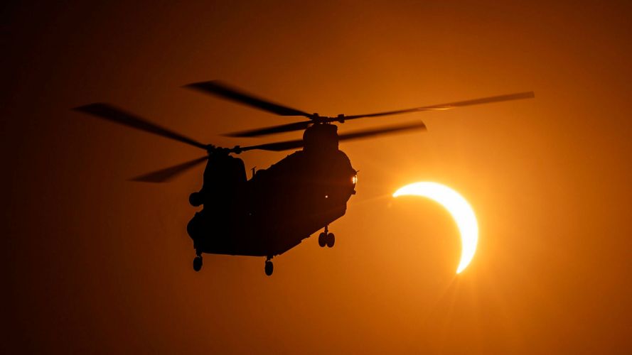 A CH-47 Chinook at RAF Benson operated by 28 Squadron, departing for a training tasking during the solar eclipse (Picture: MOD) 19082026 aA CH-47 Chinook at Royal Air Force (RAF) Benson operated by 28 Squadron, departing for a training tasking during the Solar Eclipse pic MOD