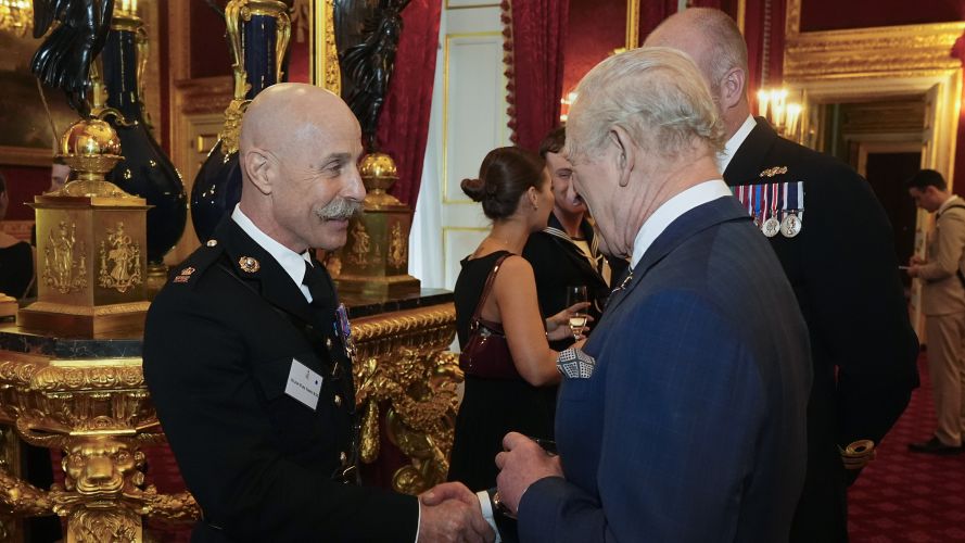 King Charles speaking to Major Mark Thrift during a reception at St James's Palace in London, to celebrate the return of HMS Prince of Wales from an eight-month deployment with CSG25 (Picture: PA) King's reception for HMSPWLS