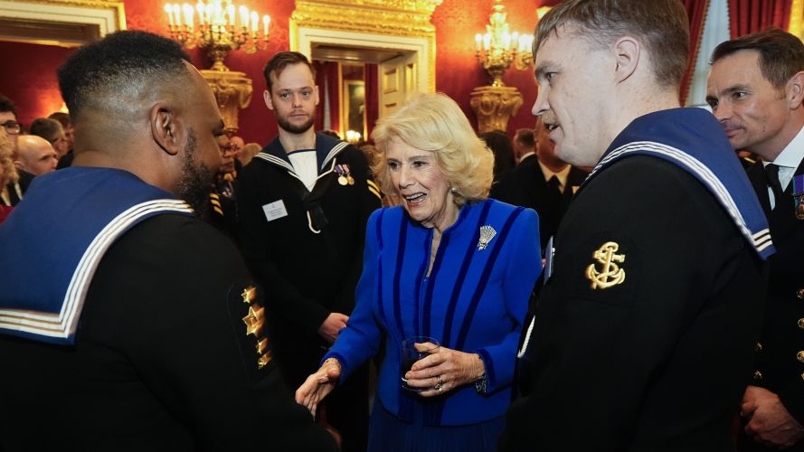 Queen Camilla talks to members of the crew of HMS Prince of Wales at a reception to celebrate the return of the Navy flagship from an eight-month deployment (Picture: PA) King's reception for HMSPWLS
