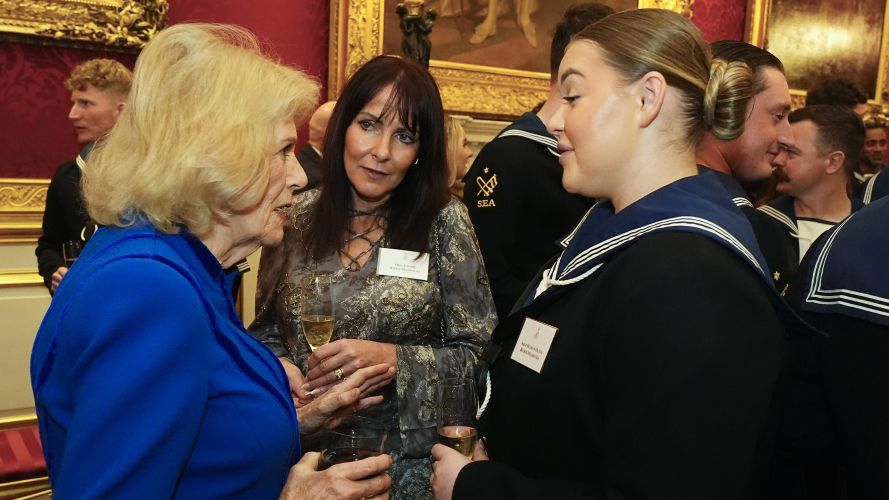 Queen Camilla talks to members of the crew of HMS Prince of Wales at a reception to celebrate the return of the Navy flagship from an eight-month deployment (Picture: PA) King's reception for HMSPWLS