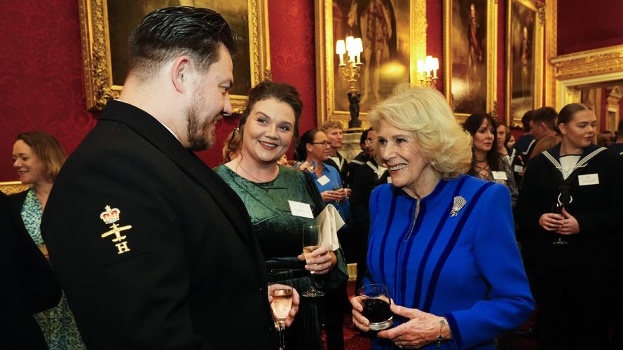 Queen Camilla talks to members of the crew of HMS Prince of Wales at a reception to celebrate the return of the Navy flagship from an eight-month deployment (Picture: PA) King's reception for HMSPWLS