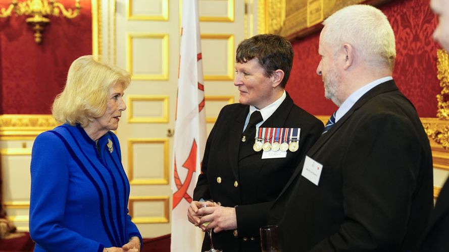 Queen Camilla talks to Petty Officer Naomi Harvey during a reception at St James's Palace to celebrate the return of HMS Prince of Wales from an eight-month deployment (Picture: PA) King's reception for HMSPWLS