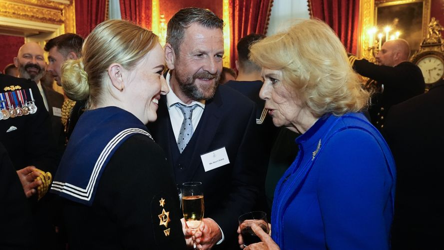 Queen Camilla talks to members of the crew of HMS Prince of Wales at a reception to celebrate the return of the Navy flagship from an eight-month deployment (Picture: PA) King's reception for HMSPWLS