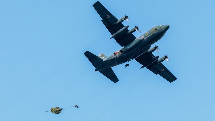 A Para jumps out of a Japanese C130 aircraft during the exercise