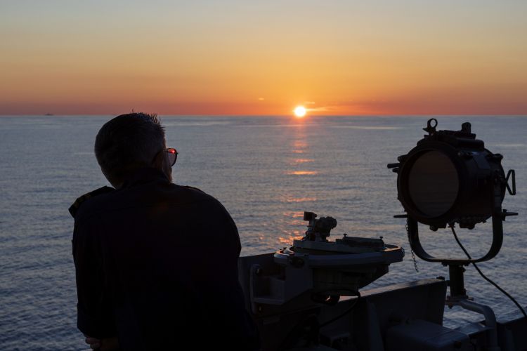 HMS Richmond's Commanding Officer Colonel Richard Kemp stands on the Bridge as the vessel transit the Taiwan Strait