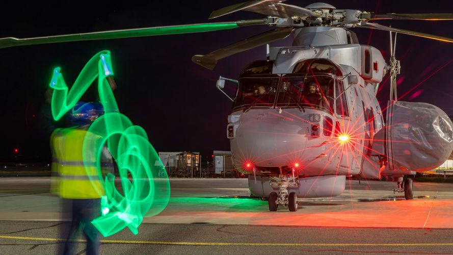A Merlin Crowsnest from 820 Naval Air Squadron prepares to take off on a night sortie from RAF Akrotiri as it continues to monitor the skies for enemy drones and missiles