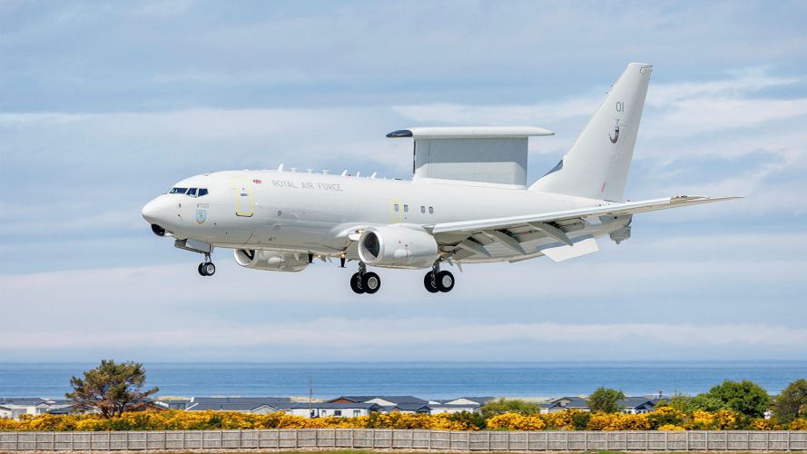 The first Wedgetail AEW Mk1 airborne early warning aircraft destined to serve with the Royal Air Force arrives at RAF Lossiemouth flown by a mixed crew of Boeing and RAF personnel