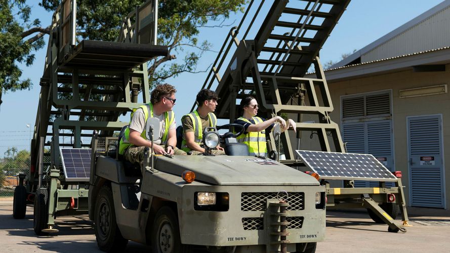 RAF movers work alongside their Australian counterparts to haul aircraft steps to an RAF Voyager on the pan at RAAF Base Darwin during Exercise Pitch Black 2026