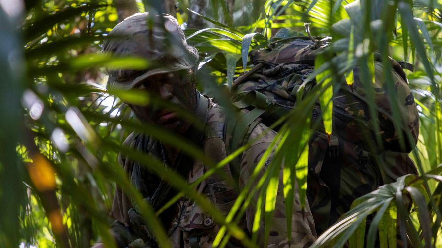216 Parachute Signal Squadron member takes a knee in the jungle whilst on patrol 27012023 CREDIT MOD Crown Copyright.jpg