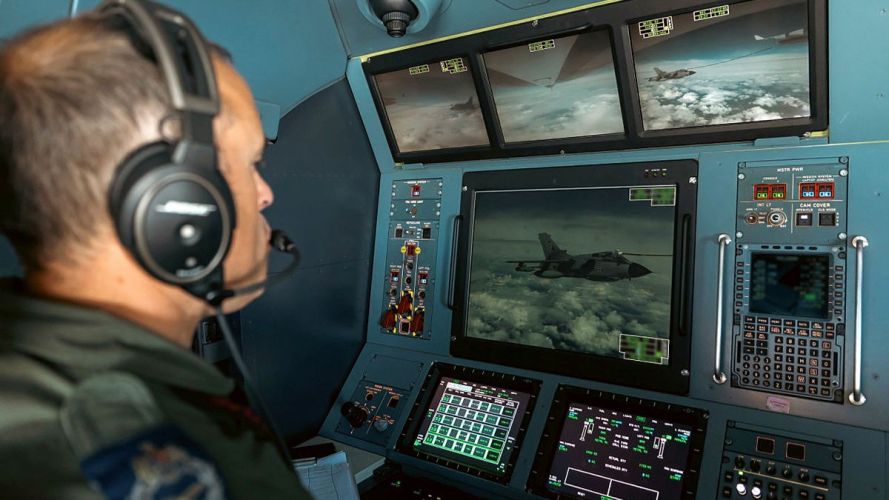 An RAF crew member viewing Luftwaffe Tornado aircraft being refuelling from a RAF Voyager during exercise Ramstein Flag (Picture: MOD) Ex Ramstein Flag 2026 cred MOD