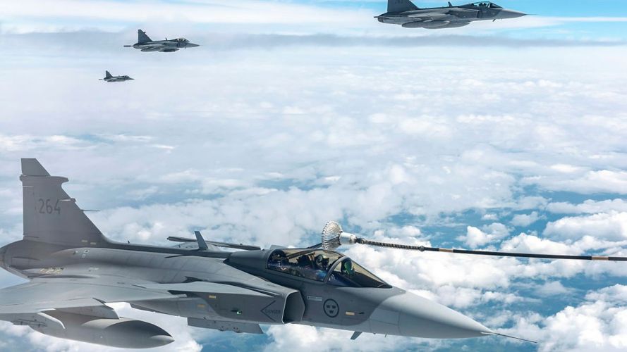 Four Swedish Air Force Gripens during refuelling from an RAF Voyager aircraft during Exercise Ramstein Flag (Picture: MOD) Ex Ramstein Flag 2026 cred MOD