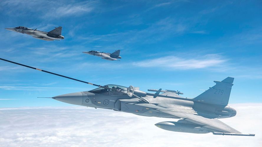 Three Swedish Air Force Gripens being refuelling from an RAF Voyager aircraft during exercise Ramstein Flag (Picture: MOD) Ex Ramstein Flag 2026 cred MOD