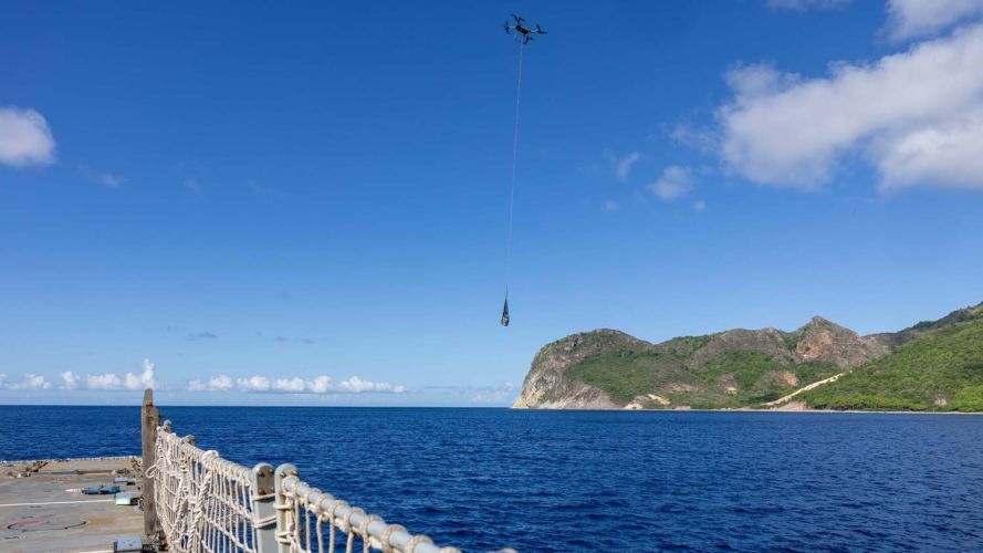 The drone departs HMS Trent's flight deck to deliver essential supplies ashore (Picture: MOD) 22102026 The drone departs HMS Trent's flight deck to deliver essential supplies ashore Picture MOD