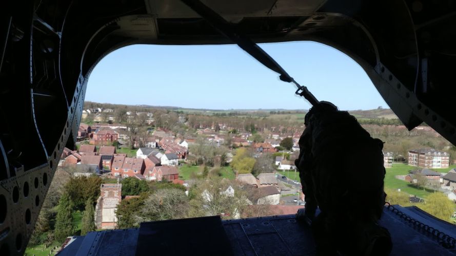 View from the rear ramp of an RAF Chinook as it flies over southern England during Exercise Pegasus Exchange 26