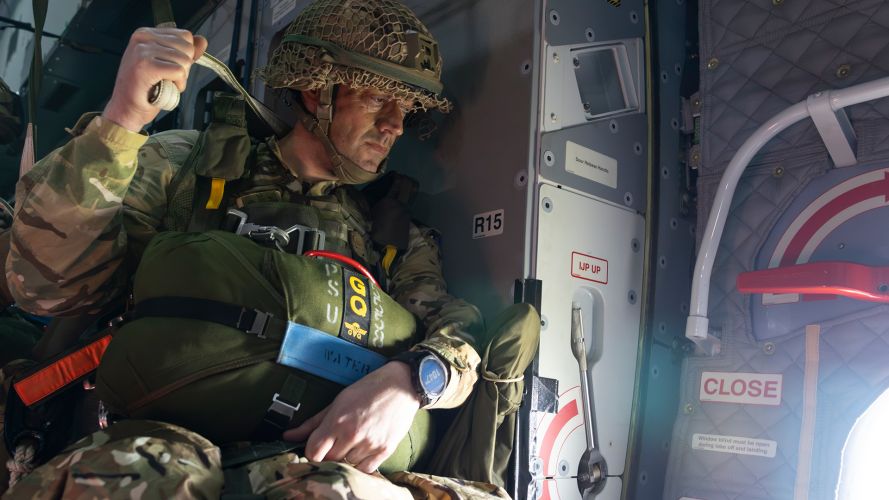 A soldier from 2 Para prepares to jump out of the Atlas - such exits are usually carried out via the side doors, with the loading ramp used to drop heavy kit on pallets (Picture: MOD)