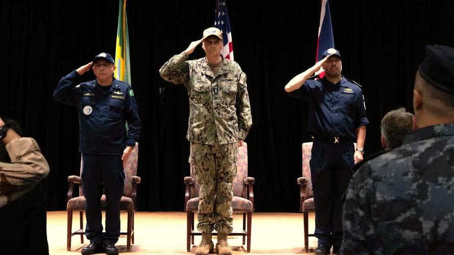 S Navy Vice Admiral Curt Renshaw oversees the change of command as the UK assumes leadership of the Combined Maritime Forces