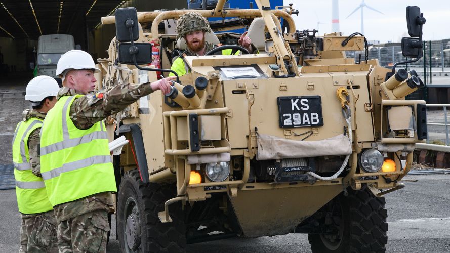 Soldiers from 104 Theatre Sustainment Brigade log the vehicle's details as a Jackal 2 disembarks from a roll-on roll-off ferry at the German port of Emden Soldiers from 104 Theatre Sustainment Brigade log the vehicle's details as a Jackal 2 disembarks from a roll-on roll-off ferry at the German port of Emden (Source: MOD)