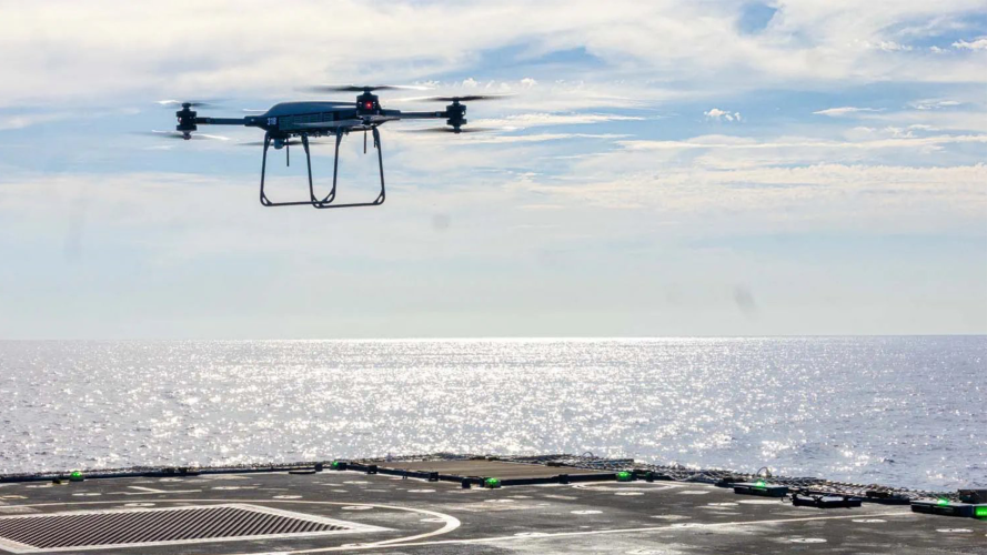 The Malloy T-150B lifts off from HMS Trent during the first heavy-lift drone flights from a River-class Batch 2 patrol ship 