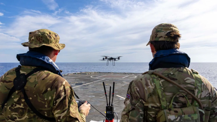  Heavy-lift drone takes off from HMS Trent in first for River-class patrol ships