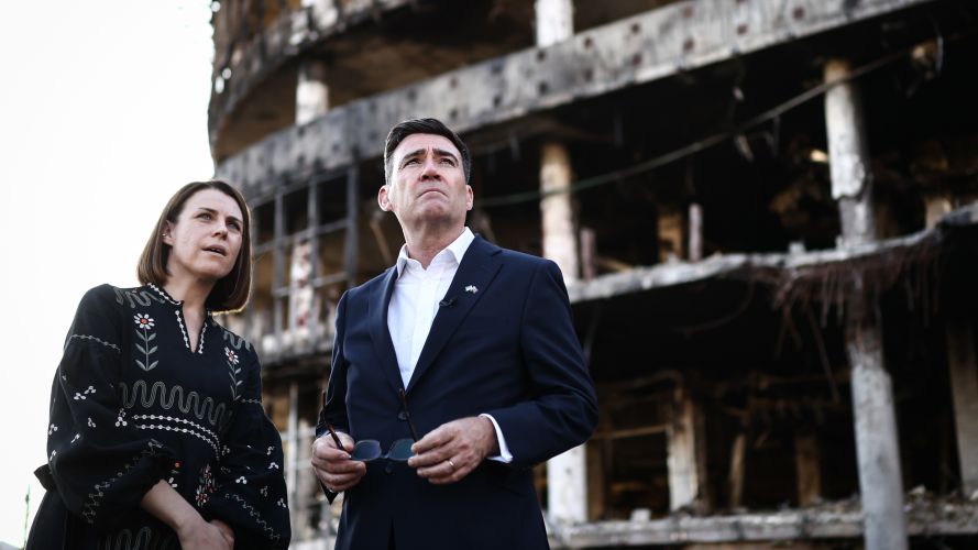 Andy Burnham is shown the rubble and wreckage left at the site of a strike by the Lukanivska market, in Kyiv (Picture: PA) PM Andy Burnham in Kyiv Picture: PA