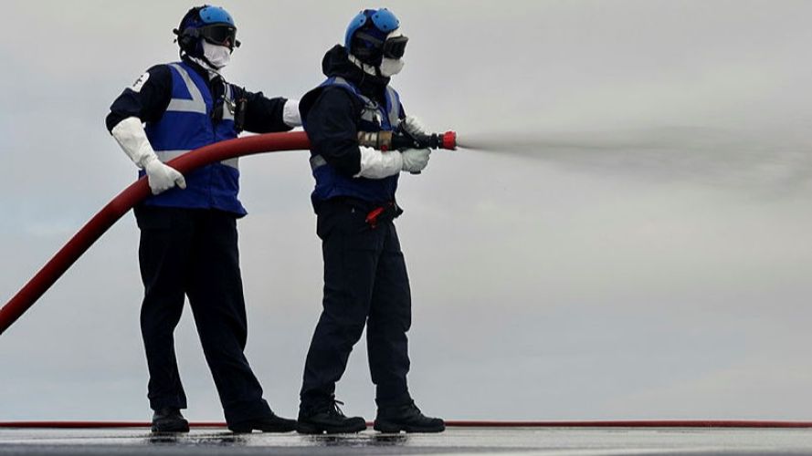 Firefighters, aircrew and medical teams raced into action aboard HMS Queen Elizabeth during a major crash-on-deck exercise (Picture: MOD) HMS Queen Elizabeth crash-on-deck exercise