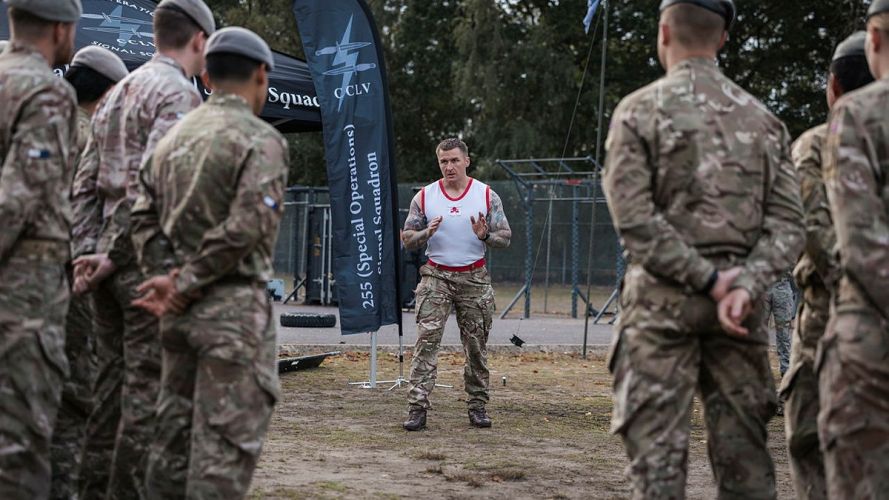 PTI leading a training session with 255 (Special Operations) Signal Squadron during their Formation Day (Picture: MOD) 255 (Special Operations) Signal Squadron taking part in Battle PT during their Formation Day cred MOD