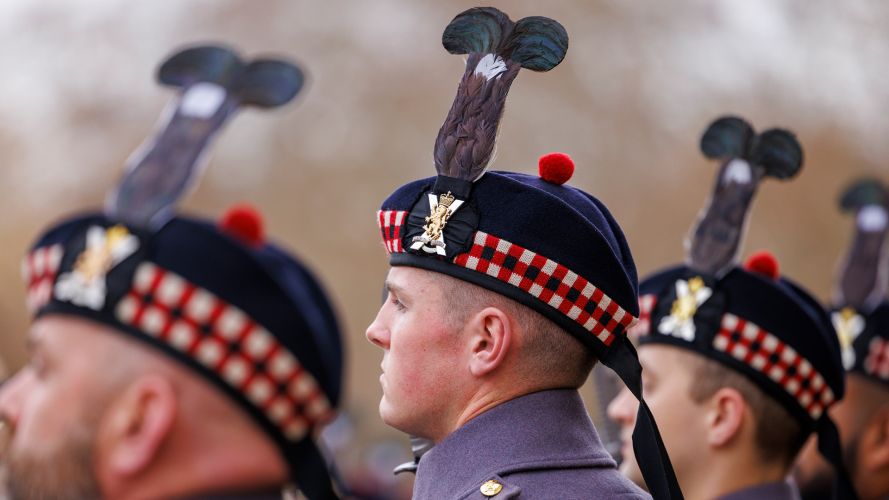 Members of Balaklava Company, The Royal Regiment of Scotland, show off the blackcock feather plumes on their Glengarry bonnets at Wellington Barracks as they prepare to serve as the next King's Guard Members of Balaklava Company, The Royal Regiment of Scotland, show off the blackcock feather plumes on their Glengarry bonnets at Wellington Barracks as they prepare to serve as the next King's Guard