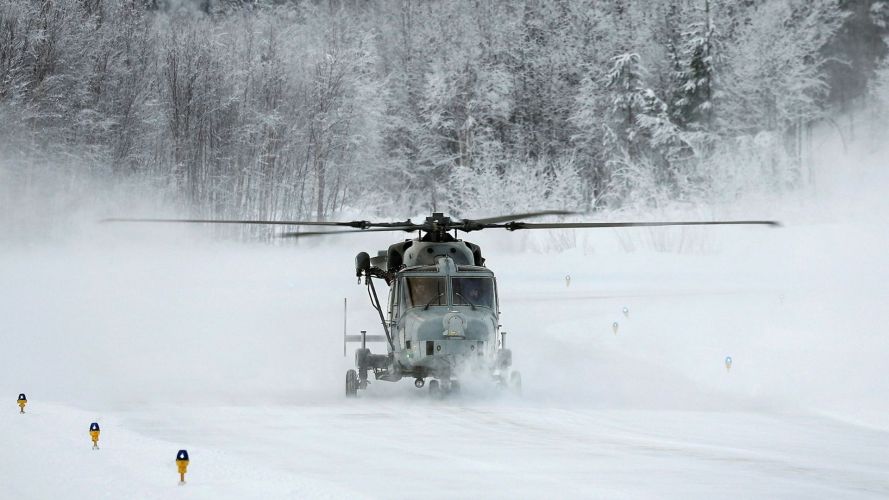A Wildcat helicopter prepares for take off at the Royal Norwegian Air Force base at Bardufoss