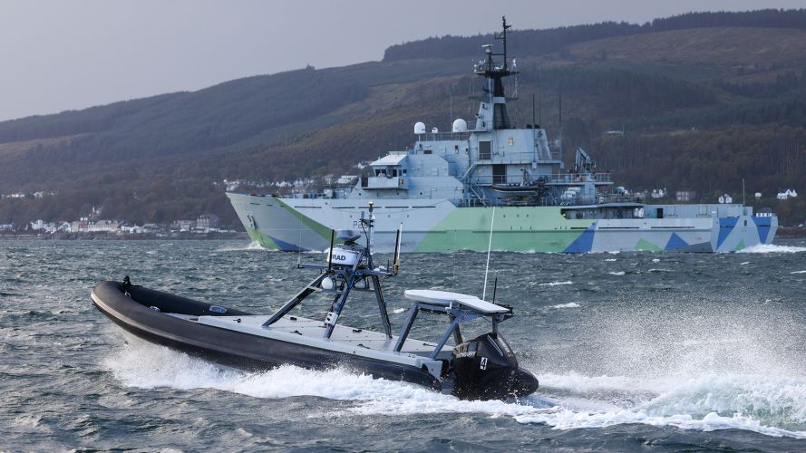 HMS Tyne is seen off the coast of Scotland during an exercise in which she was operating with five uncrewed boats that were being remotely piloted from 500 miles away